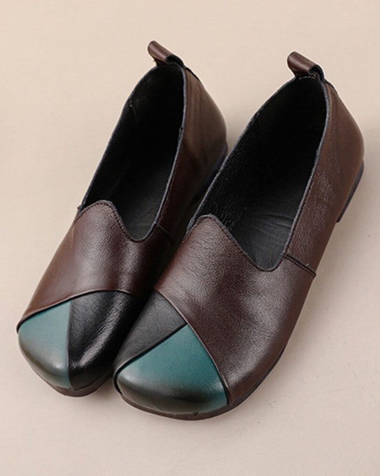 Women Casual Retro Colorblock Genuine Leather Soft Comfortable Lazy Flat Shoes Women Casual Retro Colorblock Genuine Leather Soft Comfortable Lazy Flat Shoes