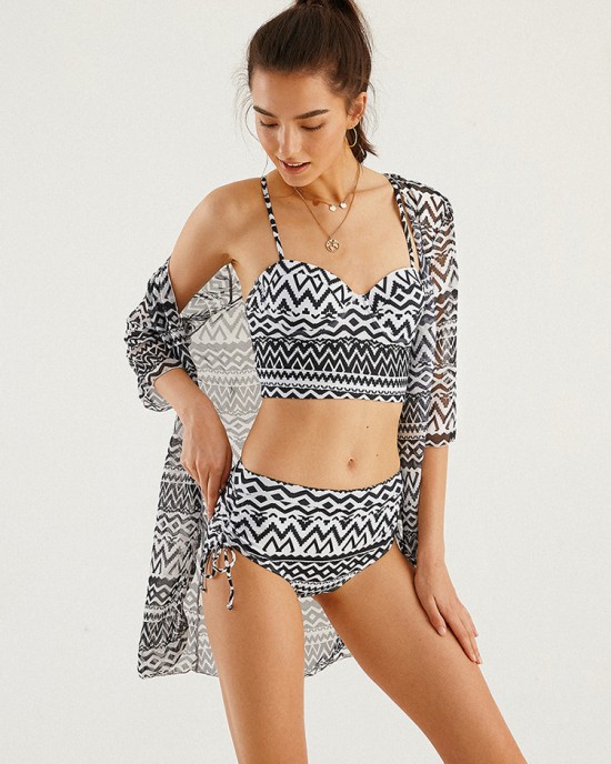 Women Vintage Ethnic Print Push Up Bandage Hot Bikini Cover Ups Three Pieces Women Vintage Ethnic Print Push Up Bandage Hot Bikini Cover Ups Three Pieces
