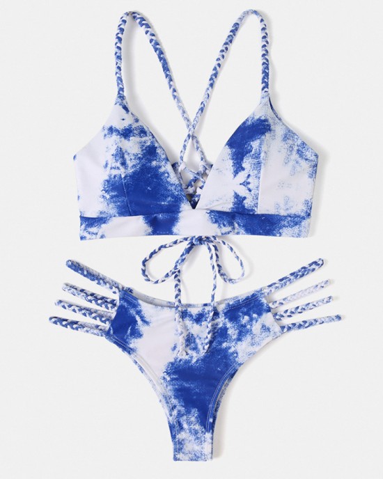 Women Tie Dye Criss Cross Back Bandage Backless High Fork Bikini Women Tie Dye Criss Cross Back Bandage Backless High Fork Bikini