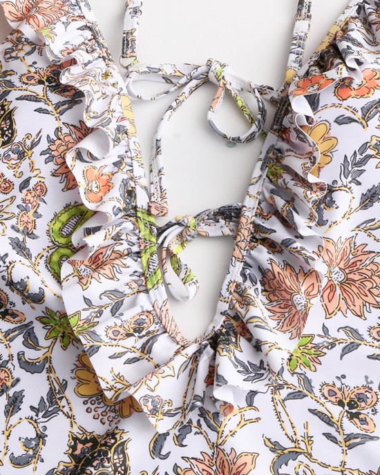 Women Design Floral Print String Ruffles Straps One Piece Backless Swimwear Women Design Floral Print String Ruffles Straps One Piece Backless Swimwear