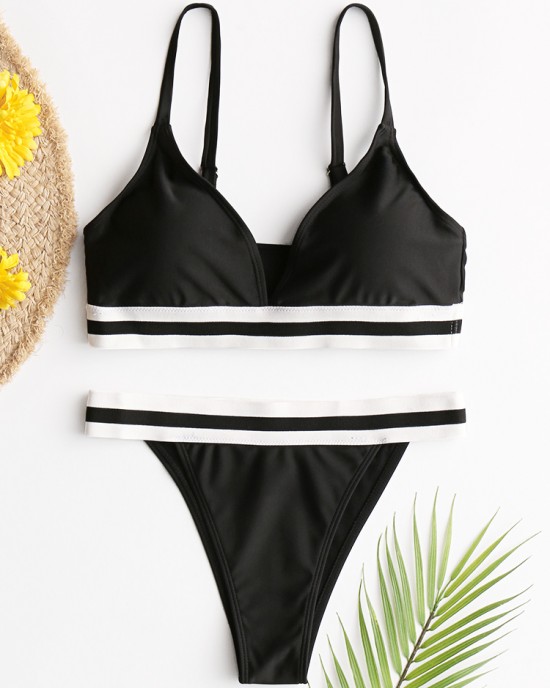 Women Striped Trim Spaghetti Straps Backless Bikini Thong Swimsuit Women Striped Trim Spaghetti Straps Backless Bikini Thong Swimsuit