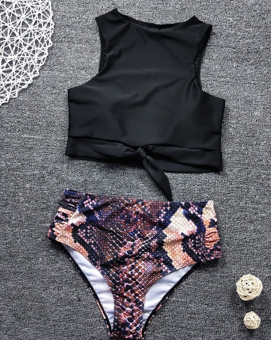 Women Leopard Print Tie Front High Neck Hot High Waist Bikini Women Leopard Print Tie Front High Neck Hot High Waist Bikini